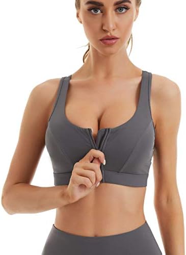 ANGABRIEL Women's Zip Front Sports Bra,High Impact Workout Yoga Bra Racerback Bra with Removable Pads (DimGray, M)