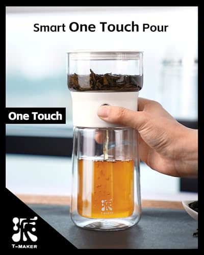 Image of ZENS Modern Tea Pot, Glass Teapot with Infusers for Loose Tea Diffusers with One Touch Pouring, Cool Portable Tea Maker with Insulated Tea Mug and Travel Tea Kits for Tea Lover Gifts