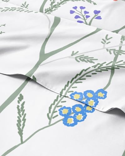 Image of King 4 Piece Floral Sheet Set - Soft, Breathable & Cooling - Wild Flower | 1 Flat, 1 Fitted & 2 Pillowcases w / Deep Pockets, Boho Botanical Floral Bedding, Breathable & Cooling, Wrinkle & Fade Free