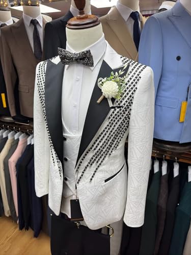 Men's Suits Slim Fit White Jacquard Jacket Suit Luxury Tuxedo with Bead Rhinestone for Wedding Groomsman Set3