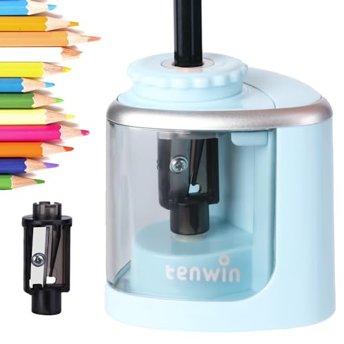 Tihoo tenwin sacapuntas, sacapuntas eléctrico con cuchilla duradera para afilar rápidamente, sacapuntas automático a pilas para lápices del nº 2/color (6-8mm), escuela/aula/oficina/casa, azul