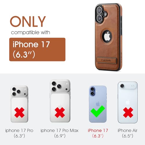 Image of Casus for iPhone 17 Case with MagSafe, Slim Kickstand Vegan Leather Protective Cover with Tempered Glass Screen Protector, 6.3 Inch (2025), Brown