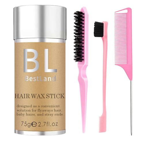 Hair Wax Stick & Pink Brush Set -Versatile Hair Styling Kit, Long-Lasting Anti-Frizz, Non-greasy Wax Stick for Women Girls (75g Pack)