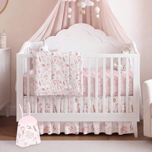 Image of Hahafelt 4 Pieces Crib Bedding Set for Girls and Boys, Pink Floral