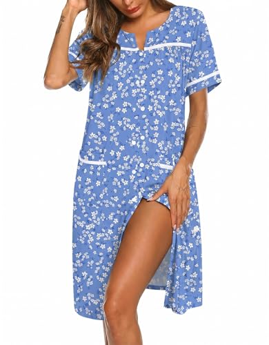 Image of Ekouaer Nightgowns for Women House Dress with Pockets Button Down Sleepshirt Short Sleeve Nightshirt Housecoat