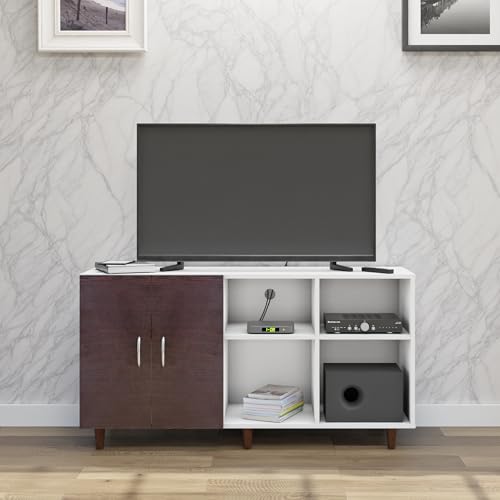 Image of VIKI Modern TV Unit for Living Room | Engineered Wood TV Cabinet with 2 Door Storage & 2 Open Shelves, Entertainment Unit, 140W x 74H x 40D cm | DIY | 1 Year Warranty (White & Wenge)