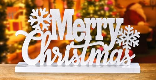 Wooden Merry Christmas Tabletop Decor, Elegant Wood Cutout with G...