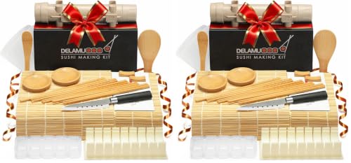 Image of Delamu Sushi Making Kit, 20 in 1 Bazooka Roller Kit with Chef's Knife, Bamboo Mats, Rice Mold, Temaki Sushi Mats, Rice Paddle, Spreader, Chopsticks, Sauce Dishes, Guide Book (Pack of 2)