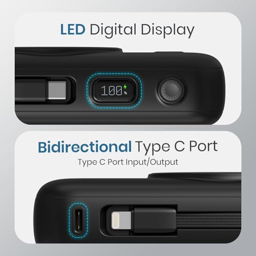 Image of Portronics Power Shutter 20000mAh 15W Magnetic Wireless Fast Charging Powerbank with in-Built Type C & 8 Pin Cable, 22.5W Type C PD Output, Type C Bidirectional Port, LED Display (Black)