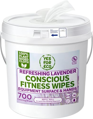 Image of Plant-Based Eco-Conscious Fitness Wipes - 700 Count Refill + Reusable Dispenser Bucket | Infused with Lavender & Tea Tree Oil | All-Purpose Cleaning Wipes for Yoga, Pilates, and Gym Equipment