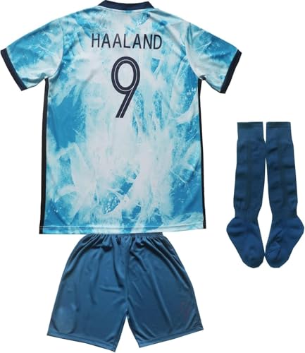 SWEET BEES Youth Sportswear #9 Haaland Kids Away Soccer Jersey/Shorts Football Socks Set (Blue 30)