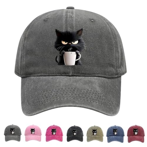 Feral but fashionable - Edición de sombrero de gato, gorra de café de gato gruñón, sombrero de café ajustable con diseño de gatos Frownster, unisex, gris, M