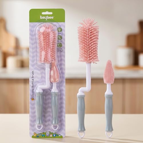 Image of Baybee 2Pc Combo Silicone Bottle Cleaning Brush | BPA-Free 360 Rotatable Silicone Bristles for Nipple, Straw, Vase, Glass & Feeding Bottle Cleaner Set | Anti Slip Handle, Easy to Clean Corner (Pink)