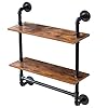 IBUYKE Pipe Floating Shelves,Rustic Iron 28.5 inches Industrial Pipe Shelf,2-Tier Wall Shelf with Towel Bar,Wall Mount Bookshelf for Bedroom,Kitchen,Living Room,Bathroom URF-TM014