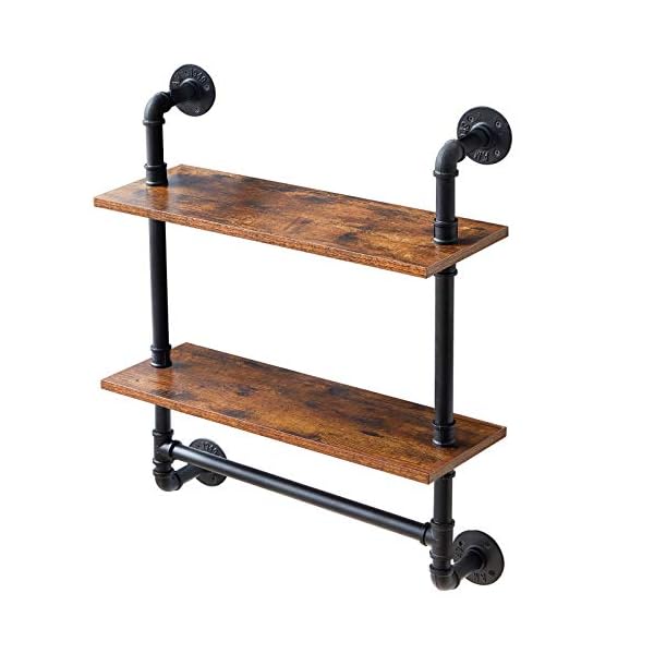 IBUYKE Pipe Floating Shelves,Rustic Iron 28.5 inches Industrial Pipe Shelf,2-Tier Wall Shelf with Towel Bar,Wall Mount Bookshelf for Bedroom,Kitchen,Living Room,Bathroom URF-TM014