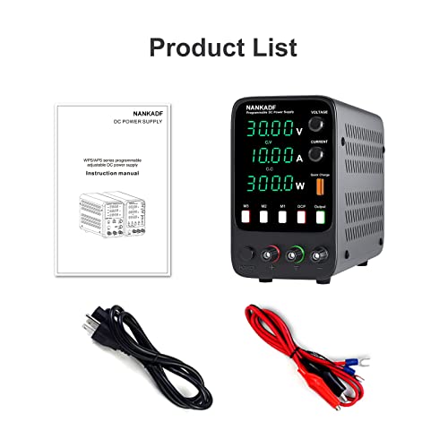 NANKADF DC Power Supply, 30V 10A Bench Power Supply with Memory Storage & Recall，Variable Power Suppy with Encoder Adjustment Knob, 5V/3.6A USB Quick-Charge & OCP Short Circuit Alarm (0-30v 0-10a)