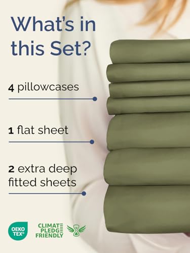 Image of Extra Deep Split King Sheet Set - 7 Piece Breathable & Cooling - Sage Green | Hotel Luxury Bed Sheets Set, Easy & Secure Fit, Ultra-Soft, Wrinkle & Fade Free, Comfy Sheets Set with Extra Deep Pockets