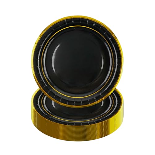 HiEnjoin Lot de 50 assiettes en carton noires pour fêtes, 18 cm, assiettes jetables avec feuille dorée pour anniversaires, desserts jetables ou jubilés,...