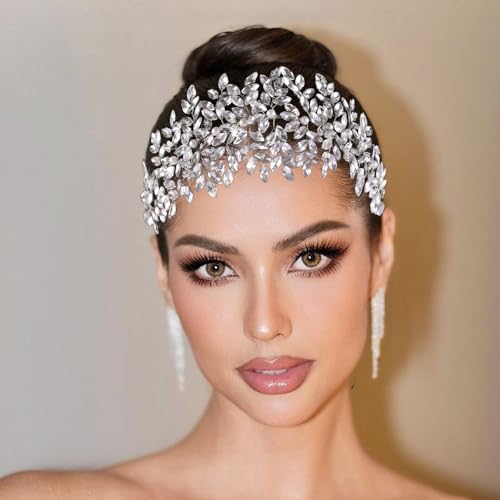 Jovbridsea Bridal Headband Handmade Rhinestone Silver Hair Piece Bride Headpiece
