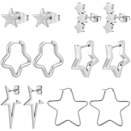 NEWITIN 6 Pairs Star Earrings for Women Hypoallergenic Studs Silver Gold Star Earring 18K Gold Plated Cartilage Stud Earrings Stars Hoop Earring for Women
