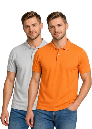 Image of INKKR Men's Combo Polo Neck Polycotton Solid T-Shirt (Pack of 2) Grey-Orange