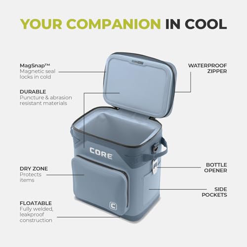 Image of CORE Magnetic Leak Proof Soft Cooler with Waterproof Zipper | Insulated Bag Portable Ice Chest Box | Best Soft Cooler for Food & Beverages for Tailgating, Car Camping, Travel, and Family Beach Picnics