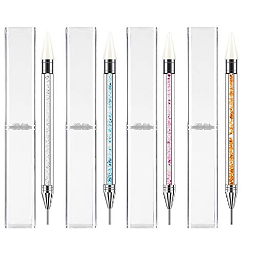 Waloden 4 PCS Rhinestone Picker Dotting Pen Dual-ended Rhinestone Beads Picker Wax Tip Pencil Dotting Pen Applicator Tool for Pick Up Nail Beads Rhinestones Studs Gems Jewel Crystal Diamond Stones