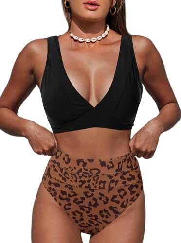 Image of Hilinker Women's Leopard Bikini Swimsuits V Neck High Waisted 2 Piece Bathing Suits