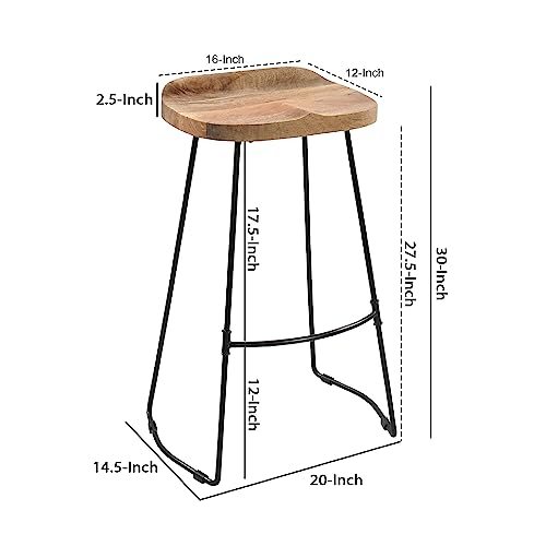 Butaco artesanal TIVA de 30 pulgadas, asiento de madera de mango marrón natural y base metálica negra, estilo industrial, con reposapiés miniatura 3
