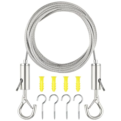 Arvoni Drahtseil Edelstahl Set 5m, 2mm Edelstahl Draht Seil mit Längenverstellbar Haken, Drahtseil mit 2 Haken und 4 Schrauben, Edelstahlseil für Gardinenseil, Wäscheleinen, Kletterpflanzen