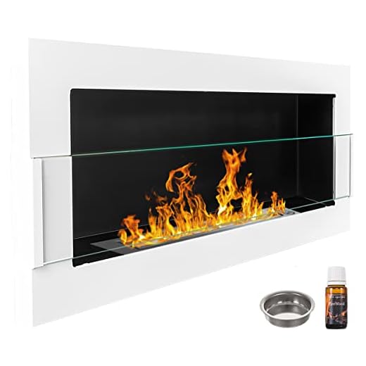 Caminetto a Bioetanolo, 900 x 400 mm, Biocamino Da Parete Bianco + Vetro Con Supporto
