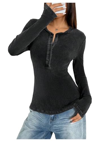 SOLY HUX Women's Long Sleeve Henley T Shirts Ribbed Knit Slim Fit Tee Casual Tops