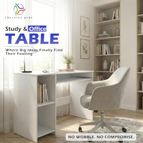 Image of 104x50x75CM Engineered Wood Study Table with Keyboard Tray & 2 Open Storage Shelves for Home, Office | Scratch & Moisture Proof Computer, Laptop Table | 1 Year Warranty- Everest White