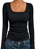 AUTOMET Womens Long Sleeve Shirts Square Neck Tops Ribbed Knit Basic Teen Girls Crop Tops Fall Outfits Fashion Clothes 2025 Black L