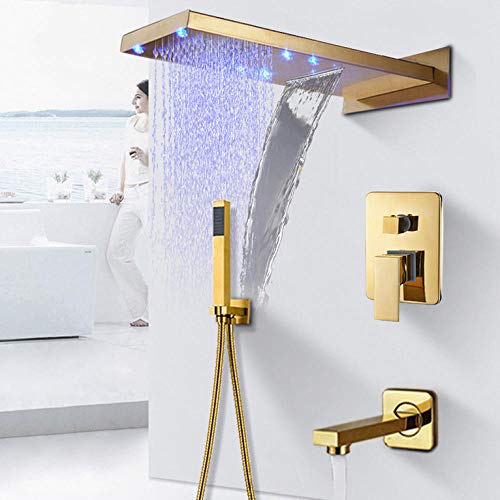 Aioneer Grifo De Ducha De Cascada De Lluvia para Baño, Dorado Pulido, Cabezal De Ducha Led De 3 Colores, Grifo De Ducha De Baño Montado En La Pared