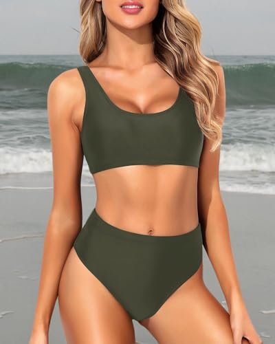 Image of Tempt Me Women Two Piece Scoop Neck Bikini Crop Top High Cut Swimsuit Sporty High Waisted Bathing Suit with Bottoms