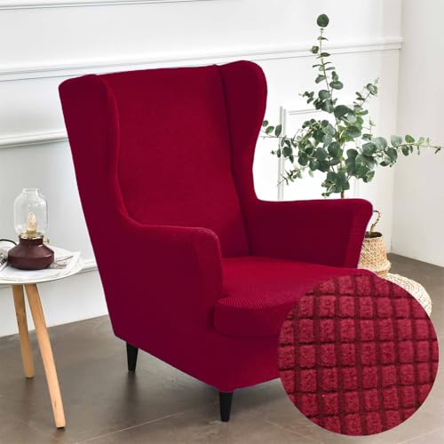 Highdi Housse de Fauteuil à Oreilles Extensible 2-Pièces Couverture de Fauteuil avec Housse de Coussin en T, Couleur Unie Jacquard Épaissir Strandmon Housse...