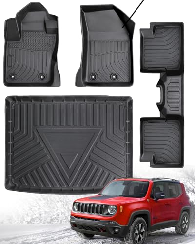 Carique Car Floor Mats for Jeep Renegade 2015-2023 with Cargo Liner, Accessories for Jeep Renegade 2015-2023, All Weather Black Rubber Liners for Cars Full Set, Custom Fit Trunk Mat for SUV, 4PCS
