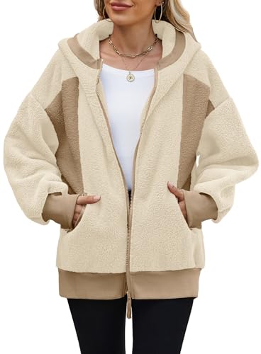 Yanekop Womens Oversized Sherpa Jacket Cozy Color Block Fleece Jacket Fuzzy Zip Up Hoodies Outerwear with Pockets3