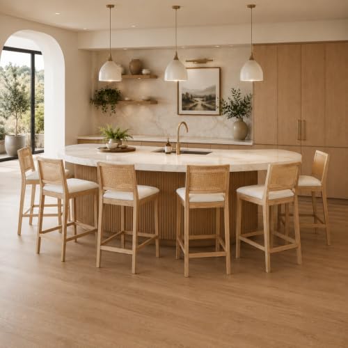 Image of 26'' Rattan Bar Stools Set of 6, Linen Seat,Cream | Cane Back,Rubberwood Frame,Low Maintain Fabric,Tucks Under Counters,for Kitchen Island Home Bar