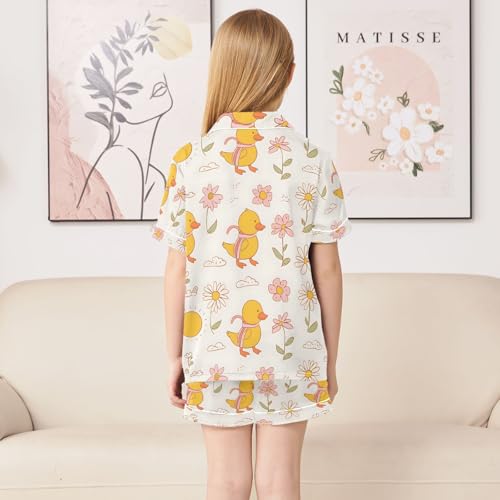 ALAZA Yellow Duck Sun Blossom Pajamas Satin Pajama Set Short Sleeve Button Down Sleepwear4
