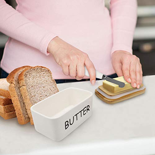 Porcelain Butter Dish With Bamboo Lid And Knife Airtight Silicone Sealing Butter Container Is Good For Kitchen, Baking And Gift #TOP3
