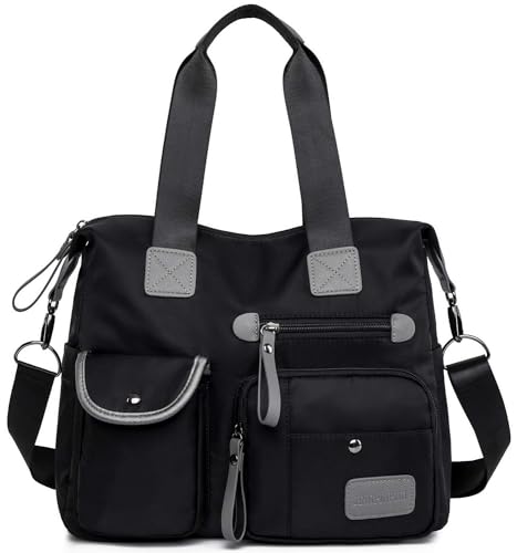 Women Floral Star Top Handle Handbag Multi-pockets Nylon Nurses Totes Work Bags Water Resistant Travel Crossbody Shoulder Bag (Black)