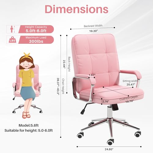 Soft Pink Leather Swivel Office Chair with Wheels & Padded Arms