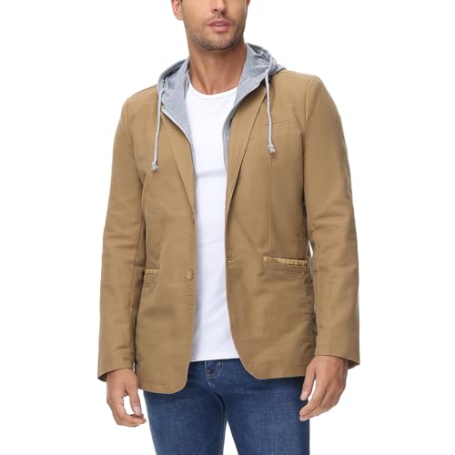 KUDORO Chaqueta de traje para hombre, corte ajustado, tiempo libre, algodón, deportiva, con capucha, blazer para hombre, 2 botones, caqui, M
