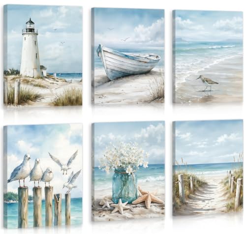 Image of CHDITB Coastal Beach Framed Canvas Wall Art, Summer Ocean Seaside Decor