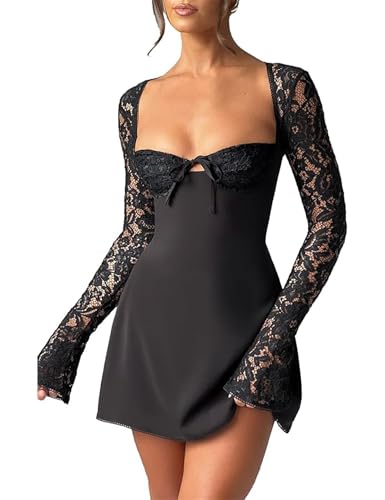 Women 's Elegant Bodycon Dress Lace Patchwork Long Sleeve Low Cut Mini Dress Backless Tie-up Going Out Dress4