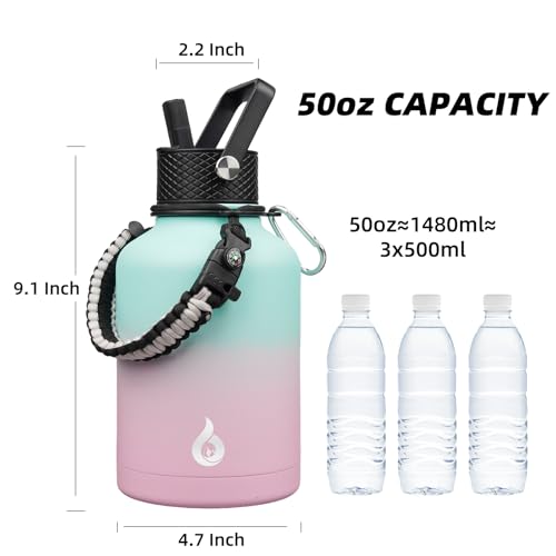 Image of BJPKPK Insulated Water Bottles with Straw Lid, 50oz Large Water Bottle with 3 Lids and Paracord Strap, Stainless Steel Metal Water Bottle, Insulated Water Jug,Marshmallow