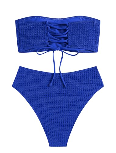 Image of ZAFUL Women's High Cut Bandeau Bikini Set Strapless Solid Color 2 Pieces Bathing Suit Swimsuit