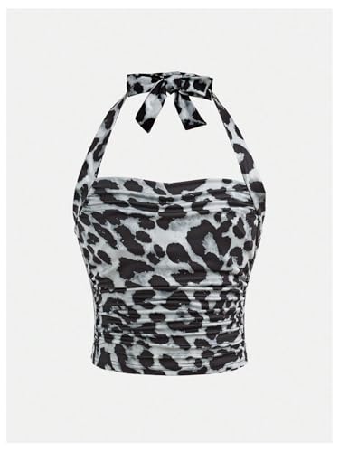 Image of SOLY HUX Girl's 2 Piece Halter Tank Top Leopard Print Ruched Tie Backless Sleeveless Y2k Tops